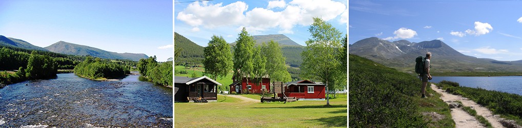 Dovreskogen Camping med utsikt over elva, hyttene og fjellene