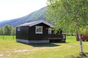 Romslig familiehytte nr. 5 med grønn plen og fjell